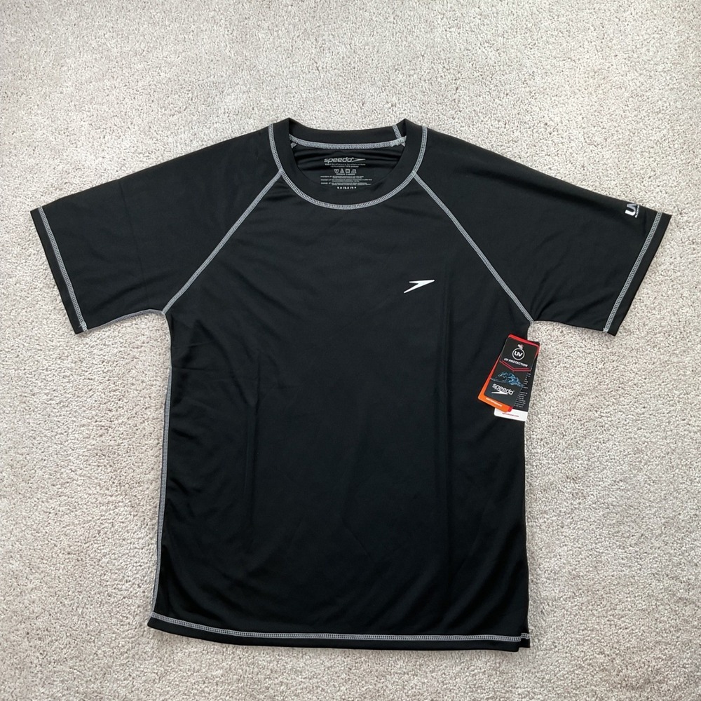 Speedo Mens UV Protection Rash Guard Black Short Sleeve Swim Shirt Medium NEW